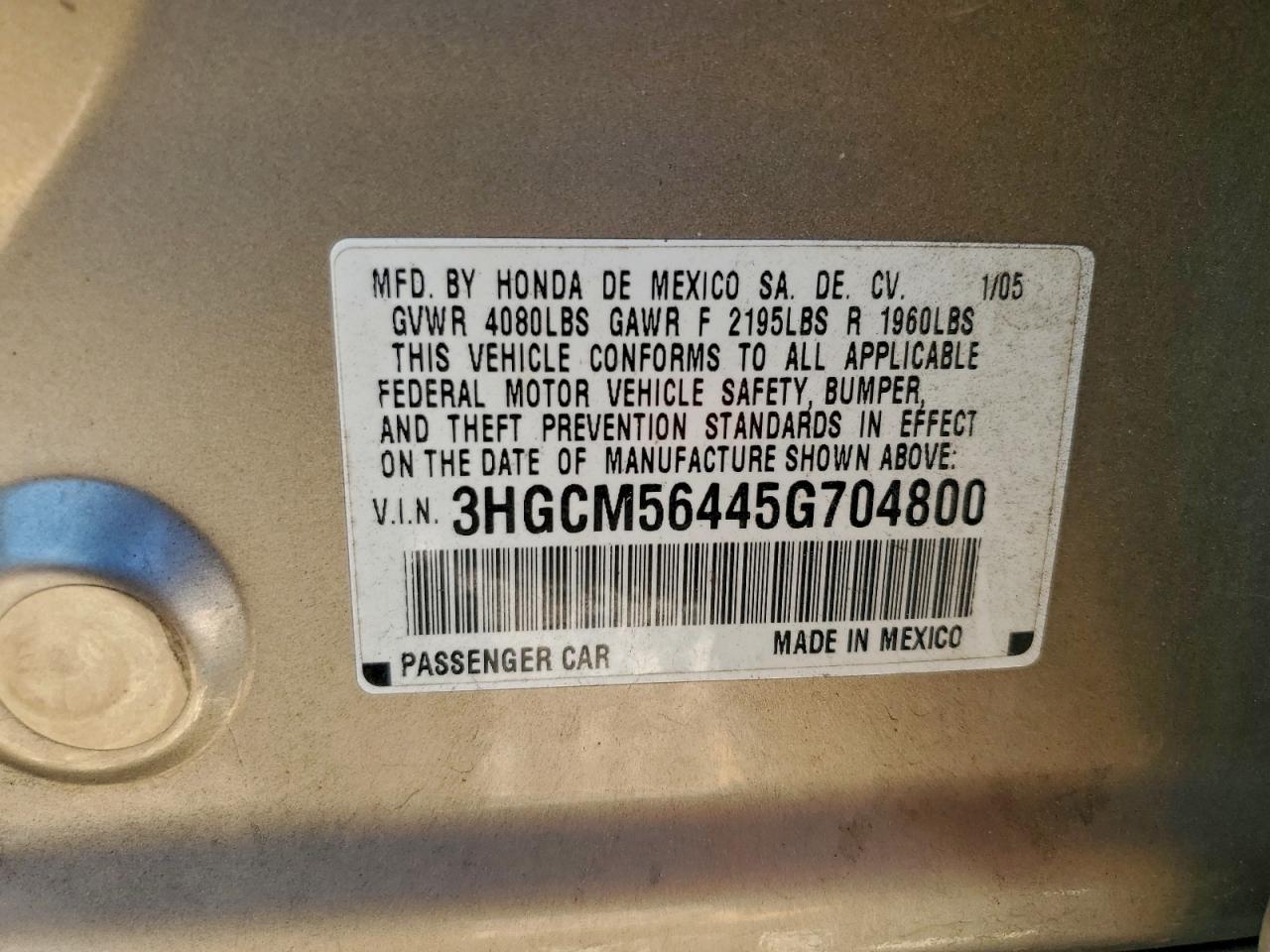 2005 Honda Accord Lx VIN: 3HGCM56445G704800 Lot: 94548135