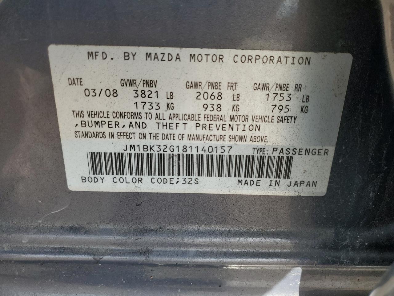 2008 Mazda 3 I VIN: JM1BK32G181140157 Lot: 91383075