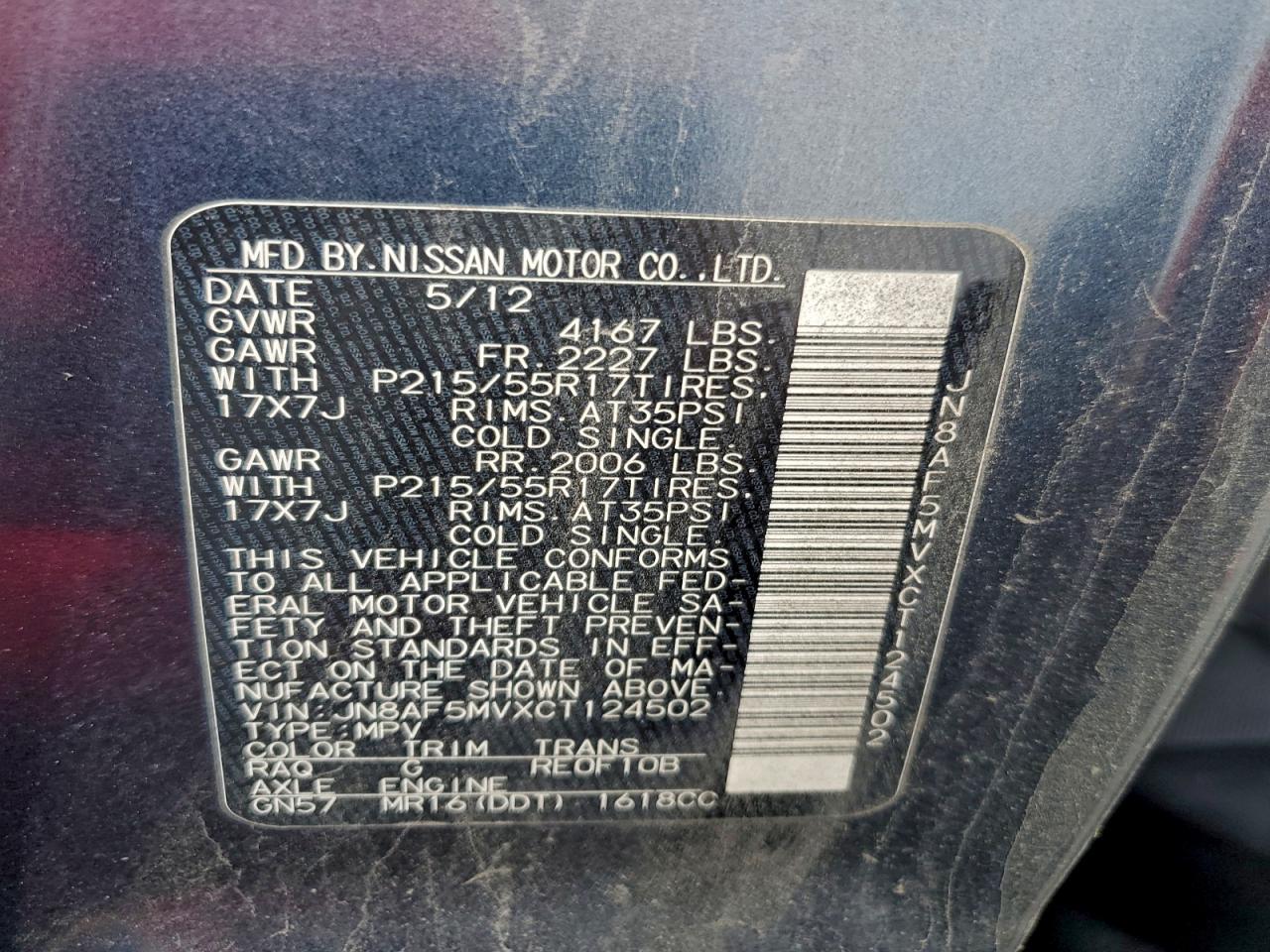 2012 Nissan Juke S VIN: JN8AF5MVXCT124502 Lot: 94090585