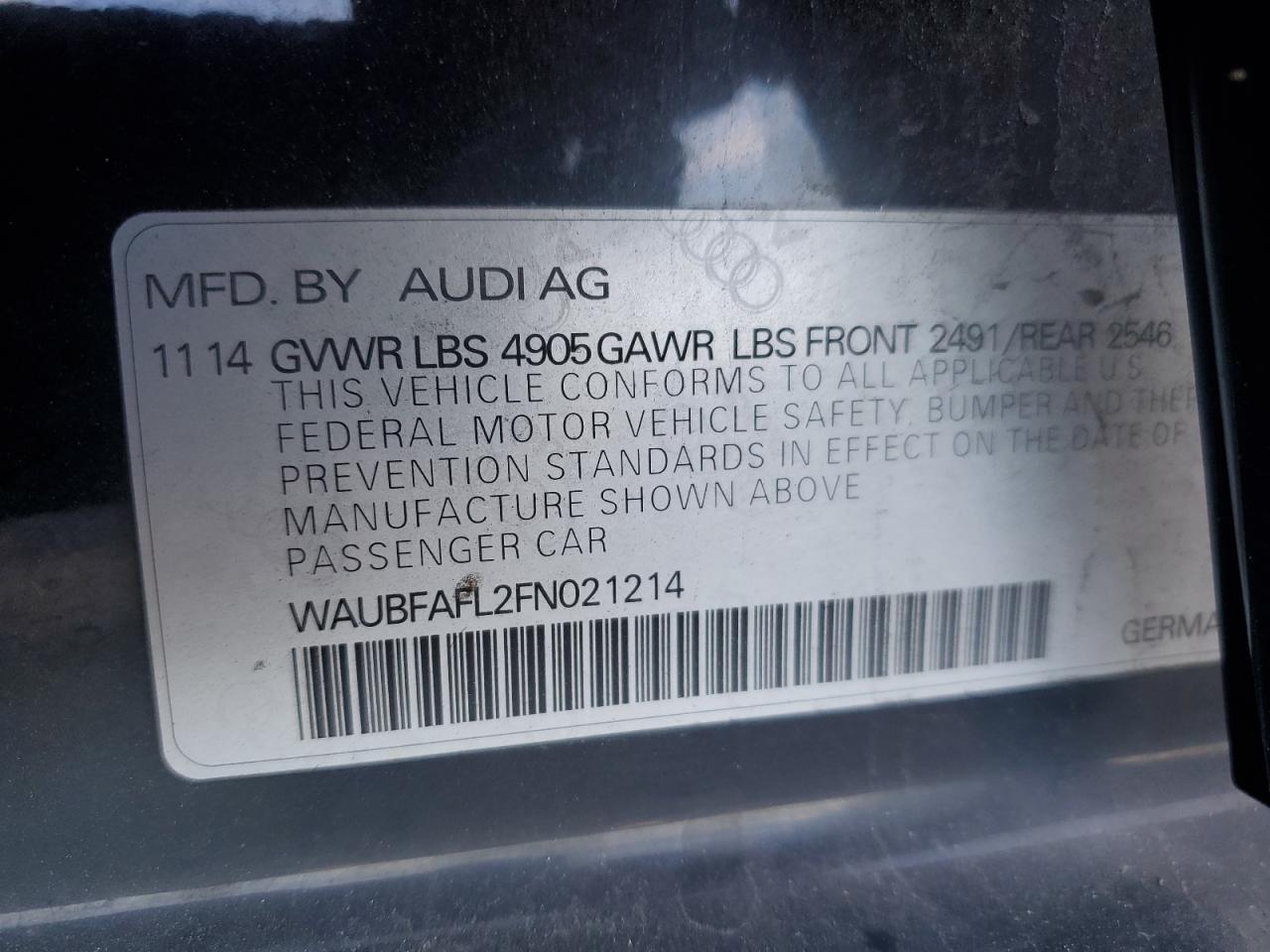 2015 Audi A4 Premium VIN: WAUBFAFL2FN021214 Lot: 92079705