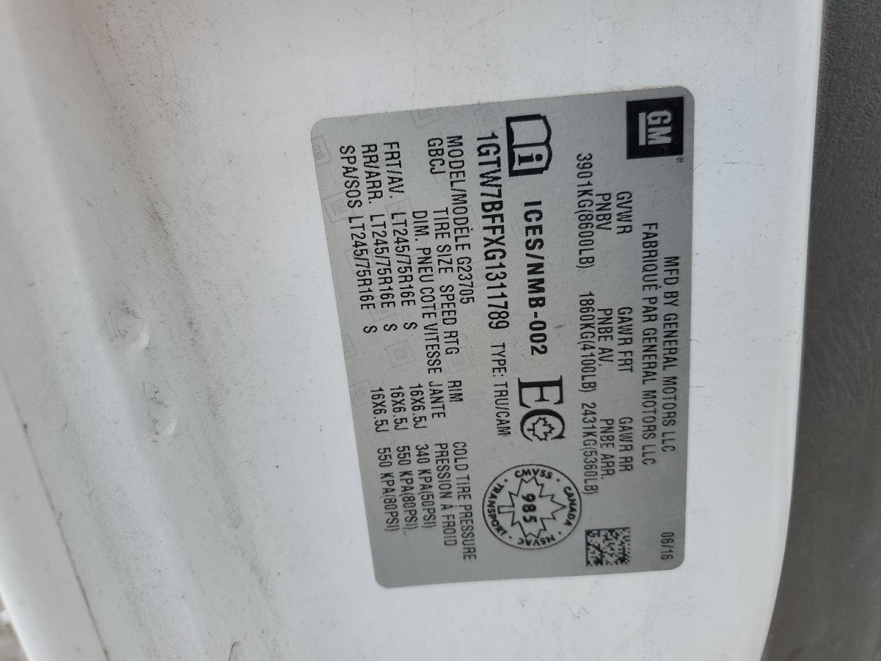 2016 GMC Savana G2500 VIN: 1GTW7BFFXG1311789 Lot: 90786955