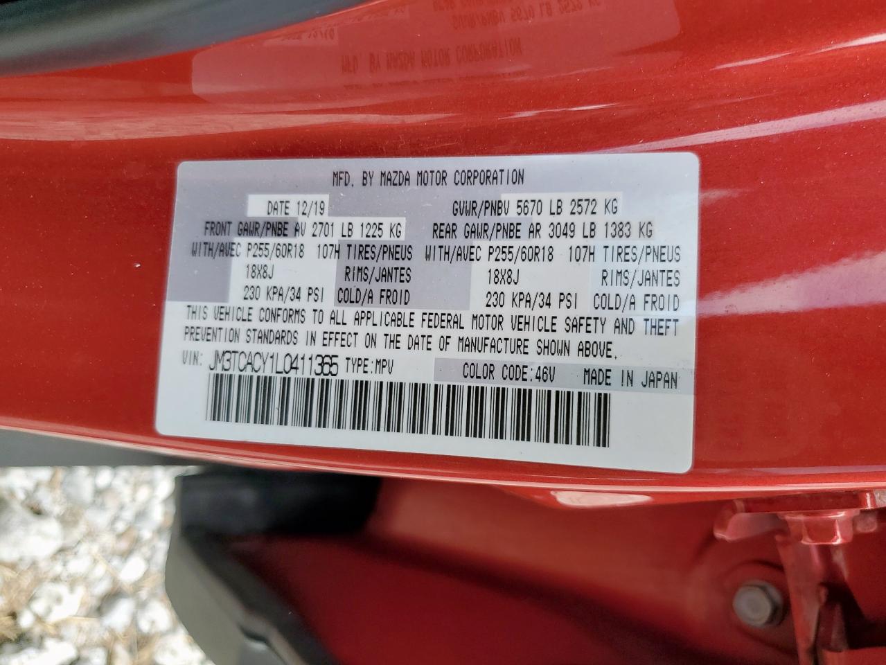 2020 Mazda Cx-9 Touring VIN: JM3TCACY1L0411365 Lot: 93383995