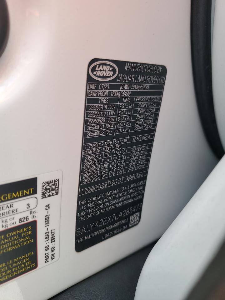 2020 Land Rover Range Rover Velar R-Dynamic S VIN: SALYK2EX7LA285477 Lot: 91052955