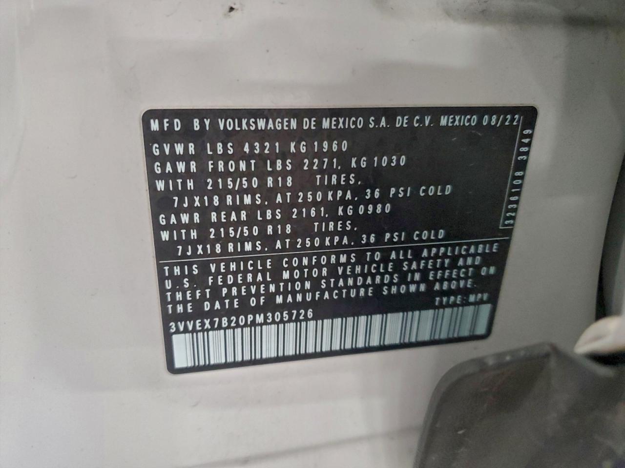 2023 Volkswagen Taos Se VIN: 3VVEX7B20PM305726 Lot: 94265285