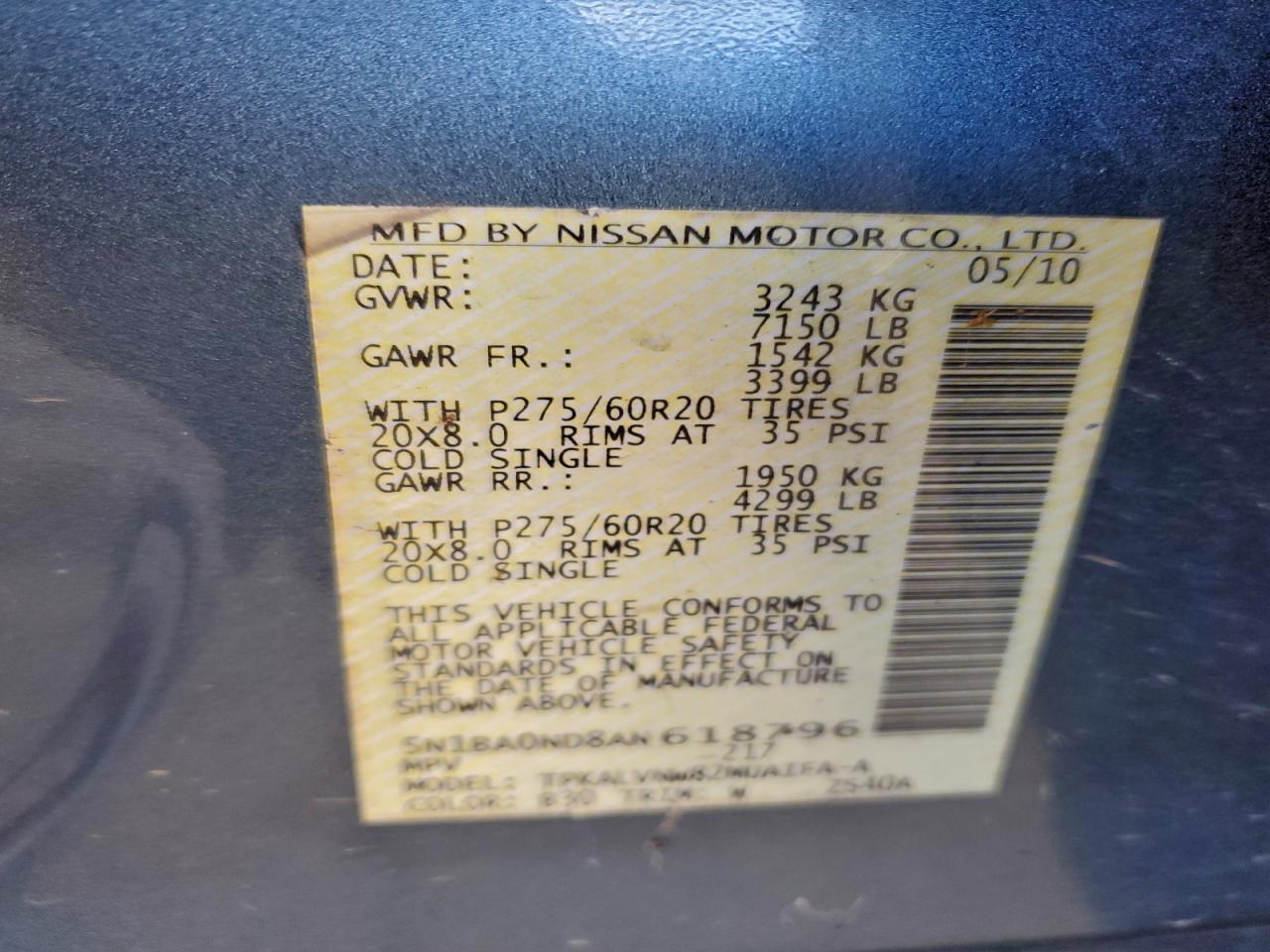 2010 Nissan Armada Se VIN: 5N1BA0ND8AN618796 Lot: 94322435