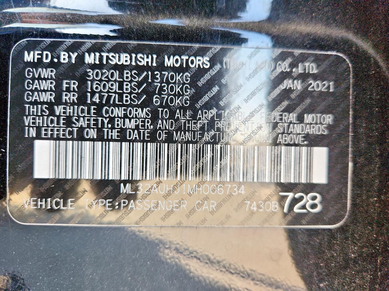 2021 Mitsubishi Mirage Es VIN: ML32AUHJ1MH006734 Lot: 92376635