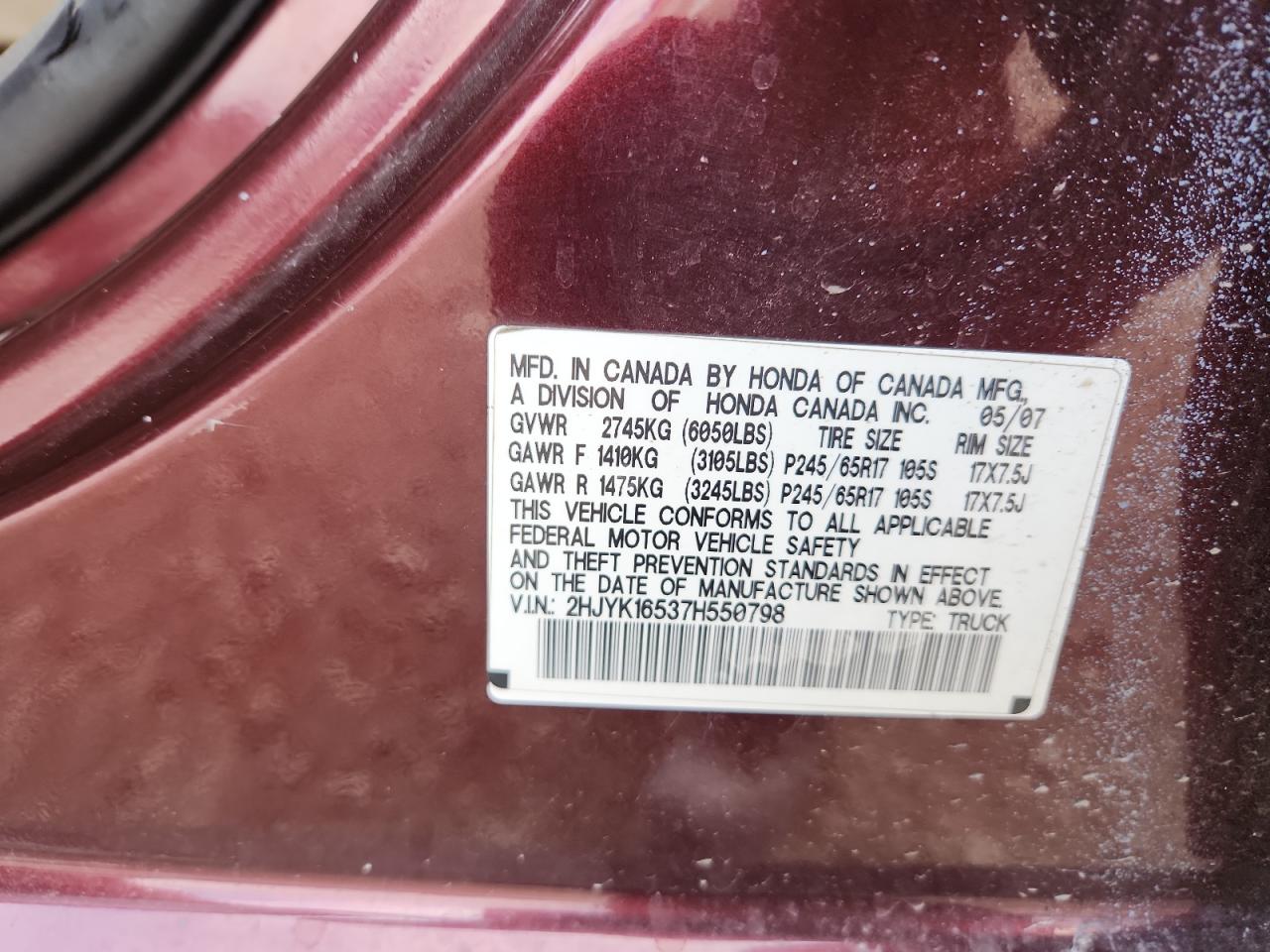 2007 Honda Ridgeline Rtl VIN: 2HJYK16537H550798 Lot: 93712185