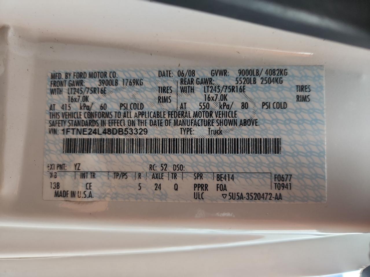 2008 Ford Econoline E250 Van VIN: 1FTNE24L48DB53329 Lot: 93008175