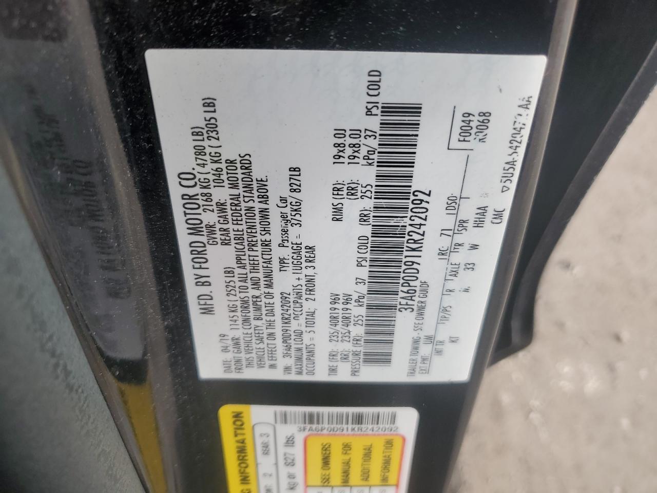 2019 Ford Fusion Titanium VIN: 3FA6P0D91KR242092 Lot: 92295935