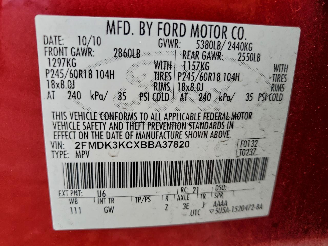 2011 Ford Edge Limited VIN: 2FMDK3KCXBBA37820 Lot: 93257835