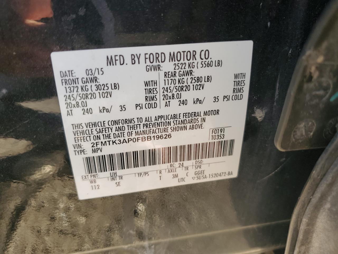 2015 Ford Edge Sport VIN: 2FMTK3AP0FBB19626 Lot: 92695985