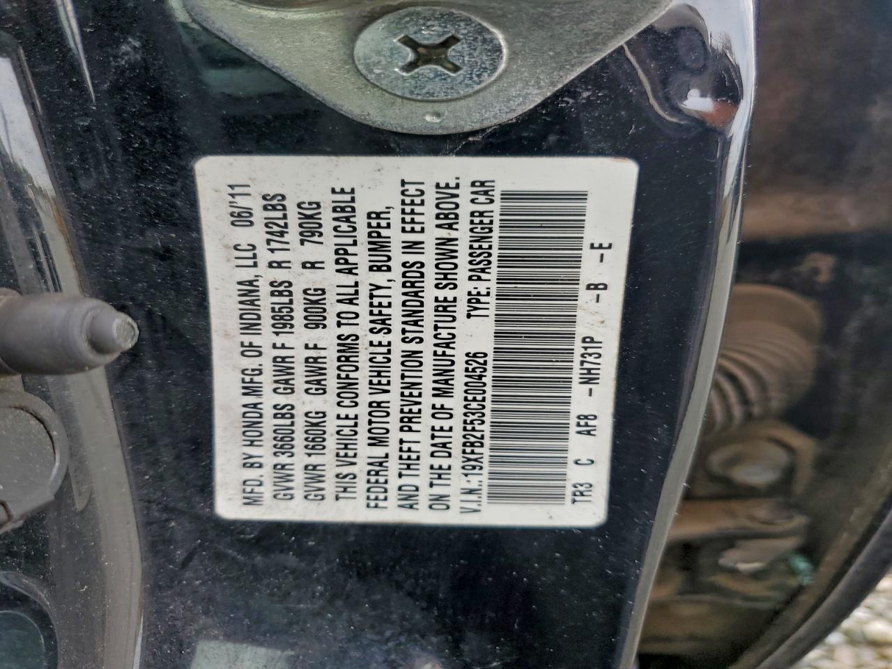 2012 Honda Civic Lx VIN: 19XFB2F53CE004526 Lot: 94744625