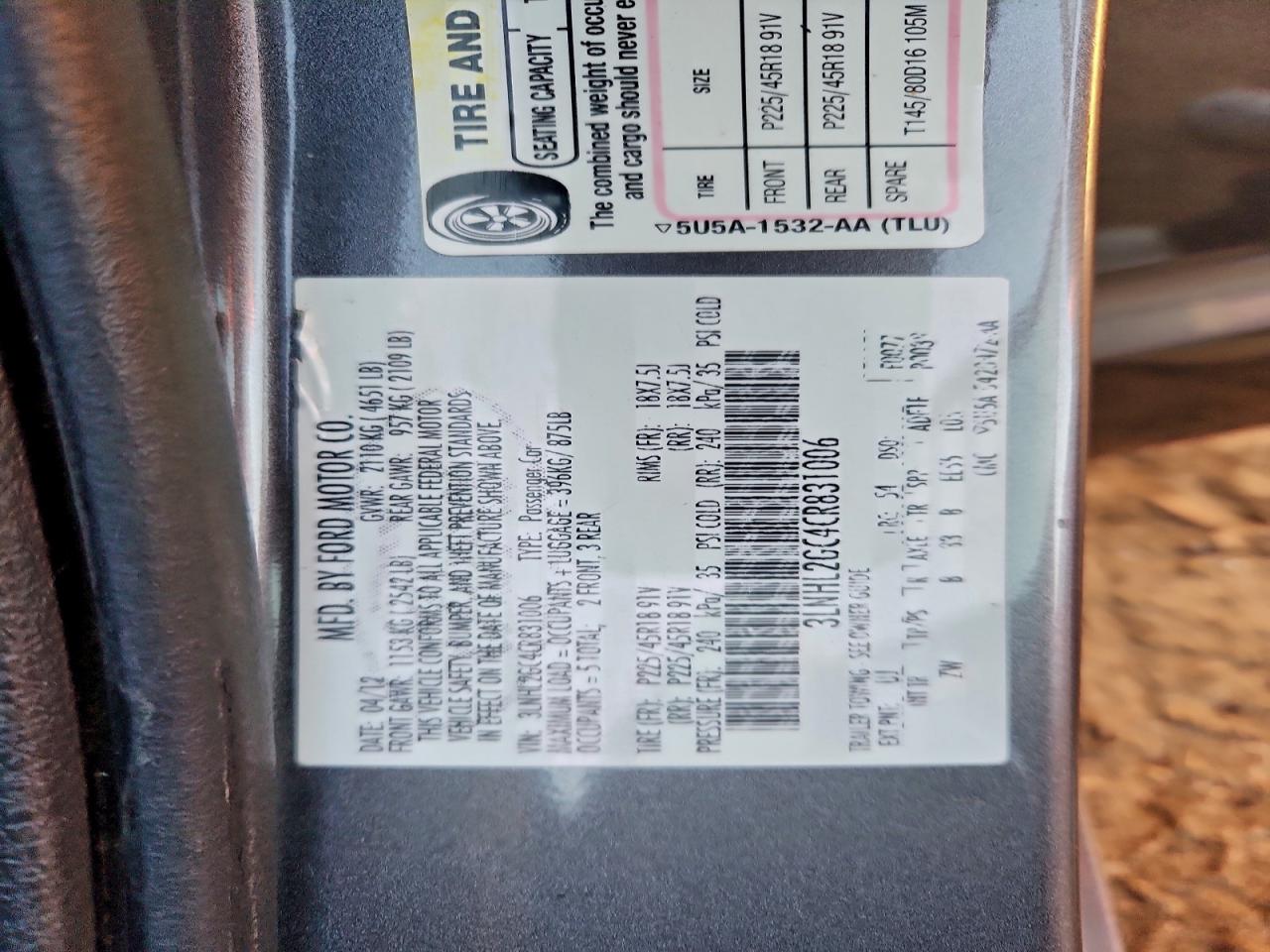 2012 Lincoln Mkz VIN: 3LNHL2GC4CR831006 Lot: 94346155