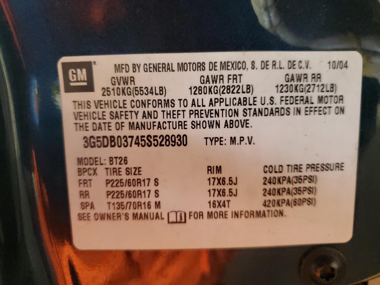 2005 Buick Rendezvous Cx VIN: 3G5DB03745S528930 Lot: 91461565