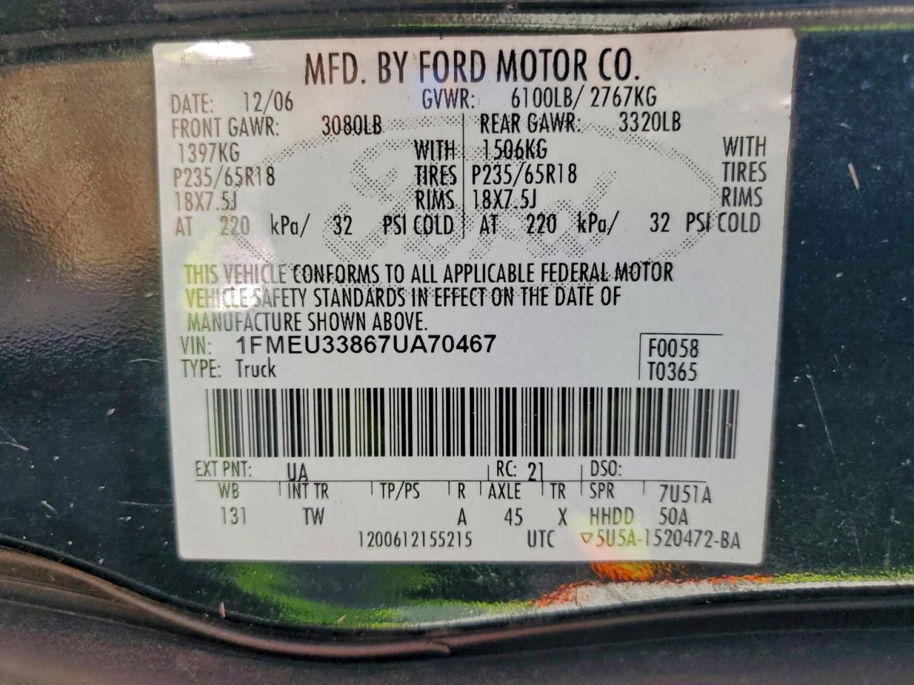 2007 Ford Explorer Sport Trac Limited VIN: 1FMEU33867UA70467 Lot: 93762305