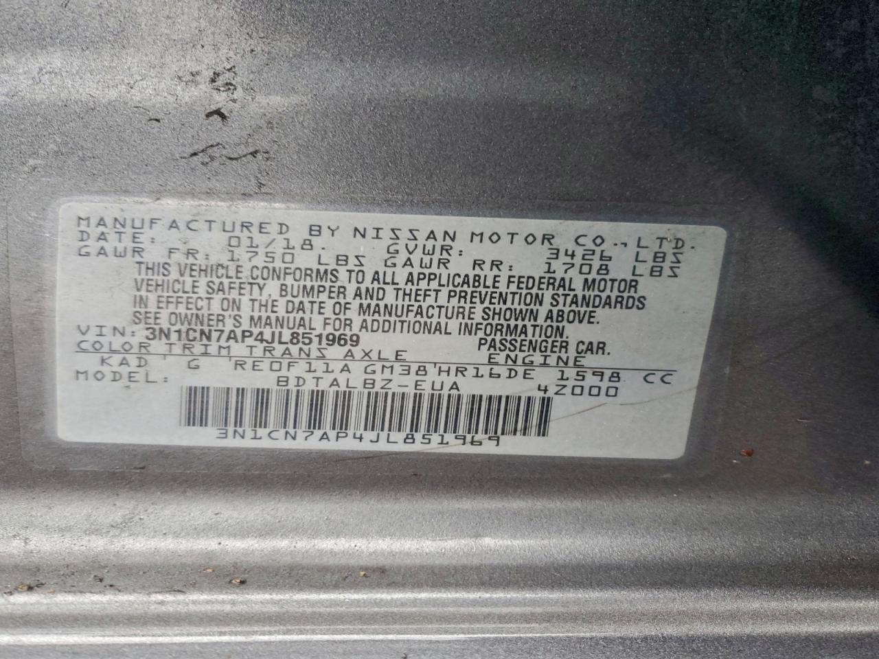 2018 Nissan Versa S VIN: 3N1CN7AP4JL851969 Lot: 94304695
