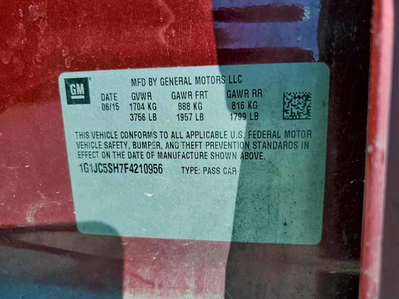 2015 Chevrolet Sonic Lt VIN: 1G1JC5SH7F4210956 Lot: 91568795