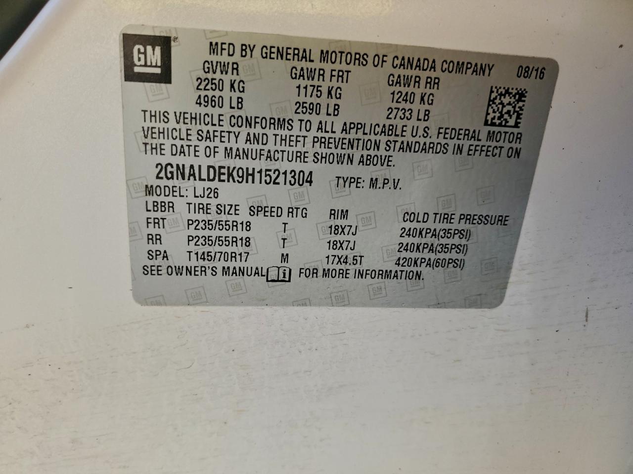 2017 Chevrolet Equinox Premier VIN: 2GNALDEK9H1521304 Lot: 94030735