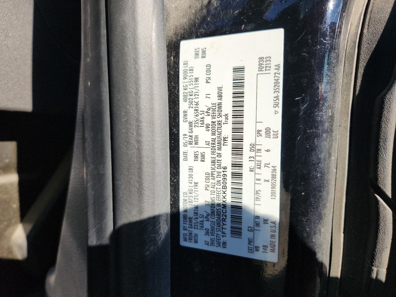 2019 Ford Transit T-250 VIN: 1FTYR2CMXKKB09916 Lot: 91803825