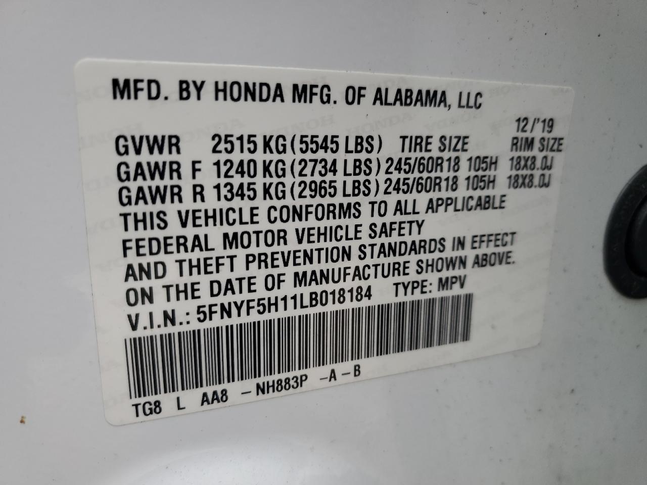2020 Honda Pilot Lx VIN: 5FNYF5H11LB018184 Lot: 91904685