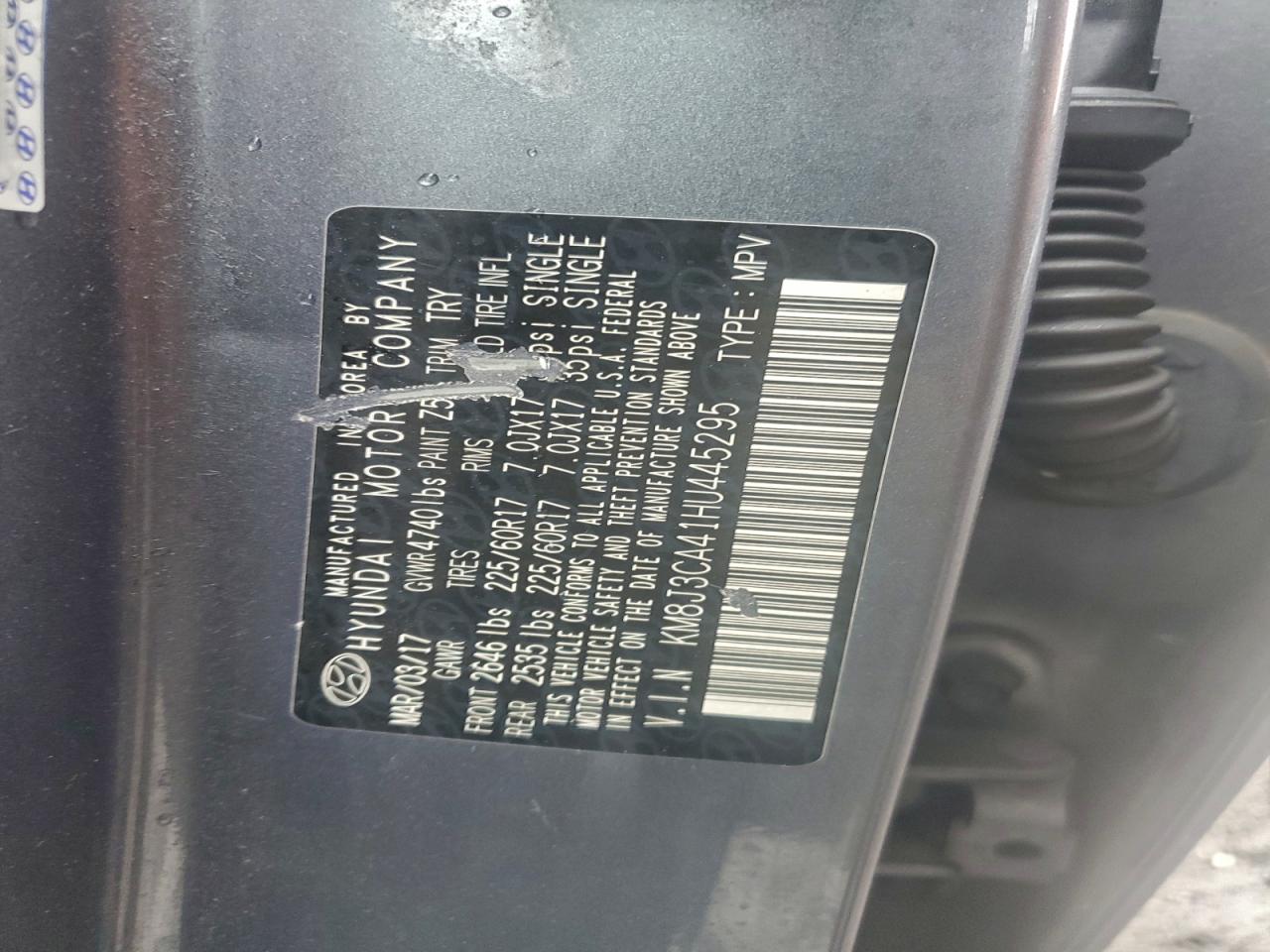 2017 Hyundai Tucson Limited VIN: KM8J3CA41HU445295 Lot: 94095105