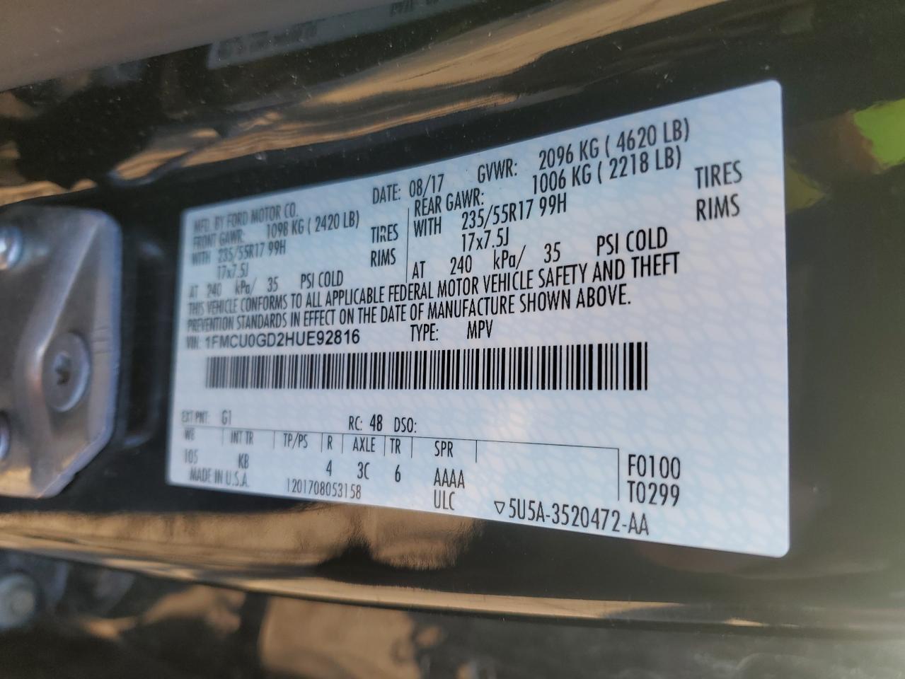 2017 Ford Escape Se VIN: 1FMCU0GD2HUE92816 Lot: 92921595