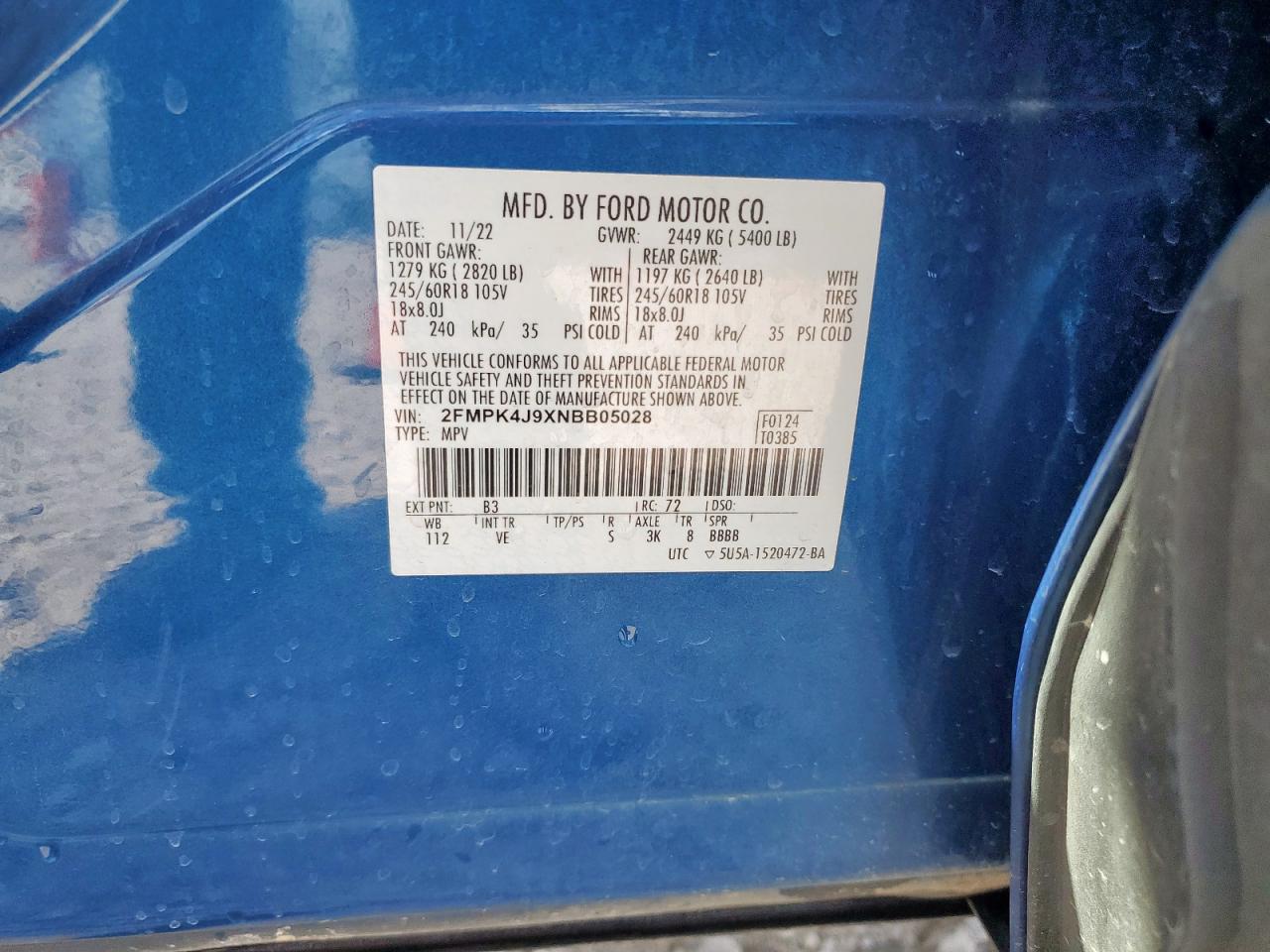 2022 Ford Edge Sel VIN: 2FMPK4J9XNBB05028 Lot: 92832445