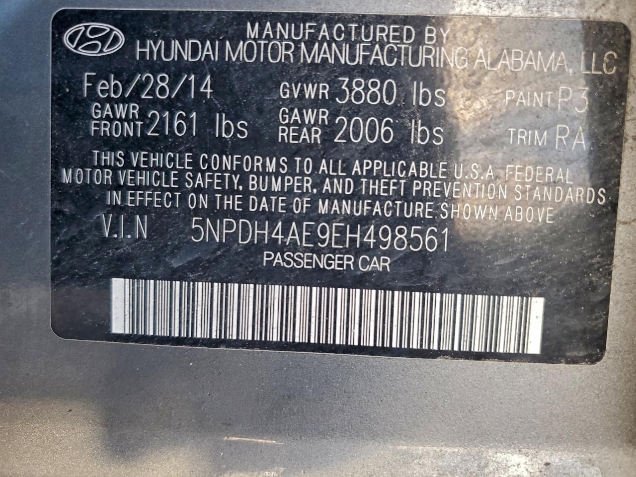 2014 Hyundai Elantra Se VIN: 5NPDH4AE9EH498561 Lot: 93129555