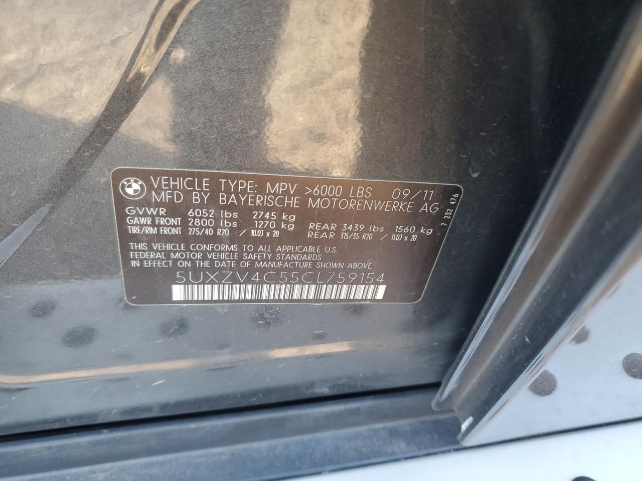 2012 BMW X5 xDrive35I VIN: 5UXZV4C55CL759154 Lot: 91292465