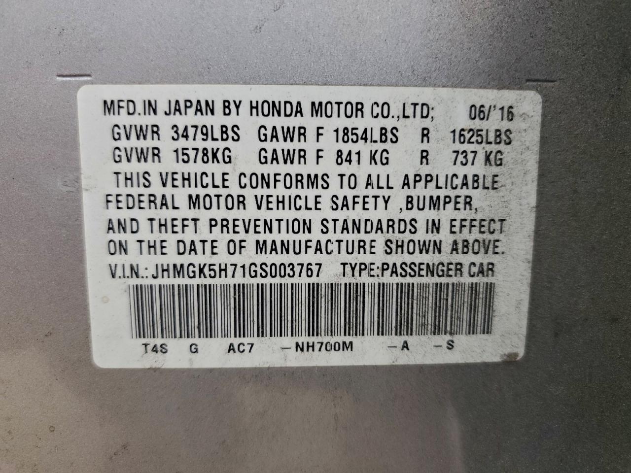 2016 Honda Fit Ex VIN: JHMGK5H71GS003767 Lot: 94158945