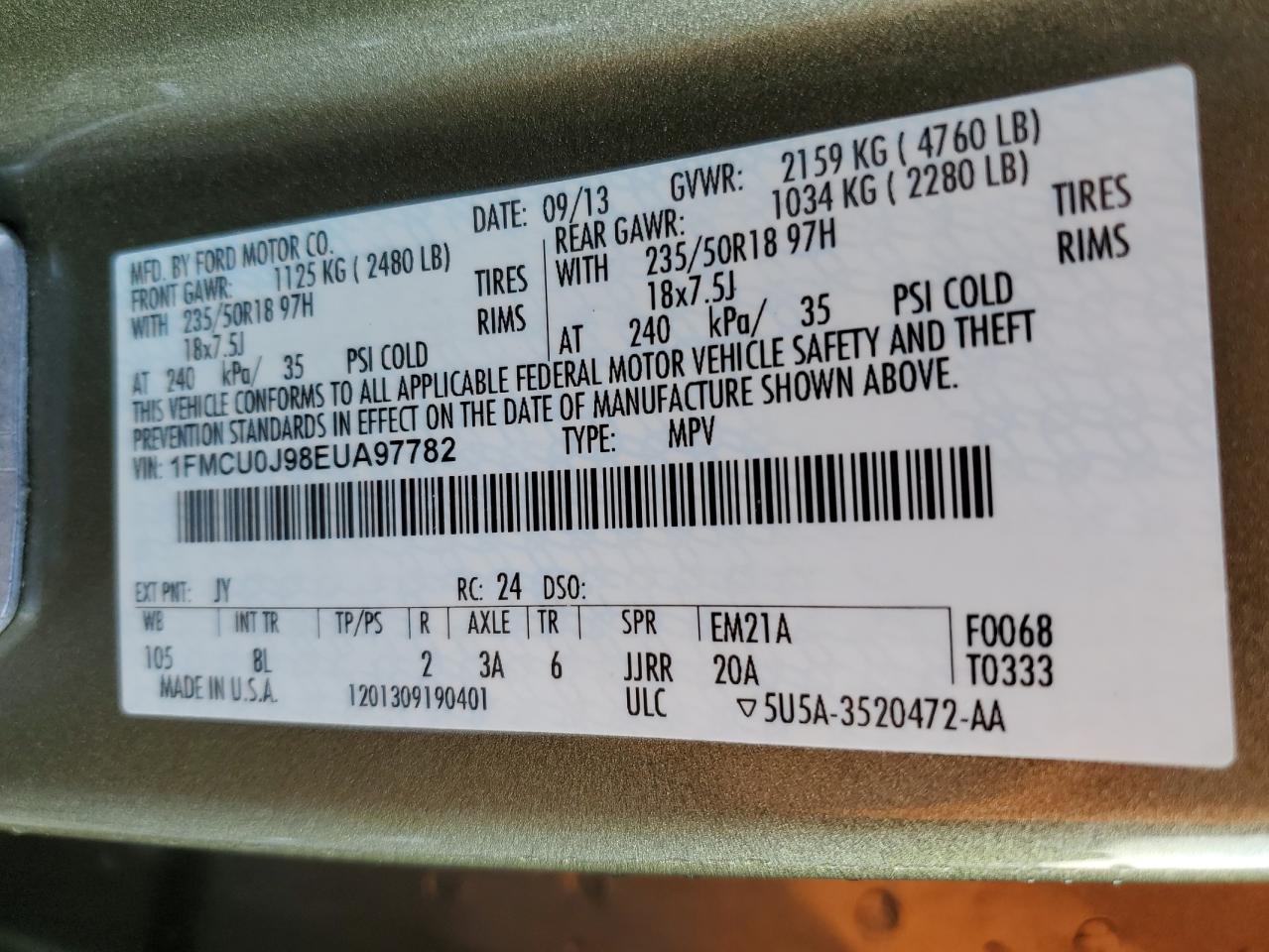 2014 Ford Escape Titanium VIN: 1FMCU0J98EUA97782 Lot: 93368555