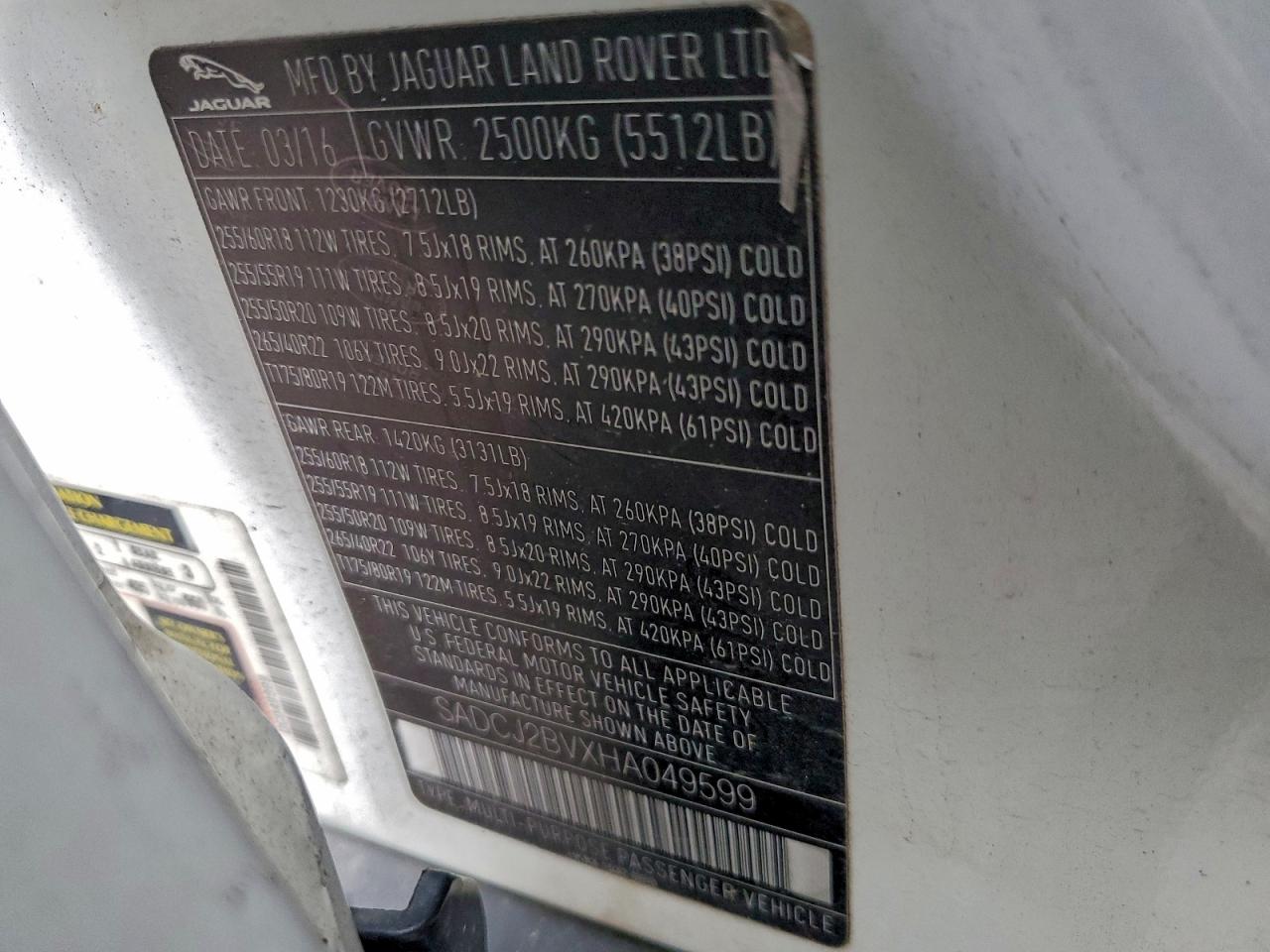 2017 Jaguar F-Pace Premium VIN: SADCJ2BVXHA049599 Lot: 93931855