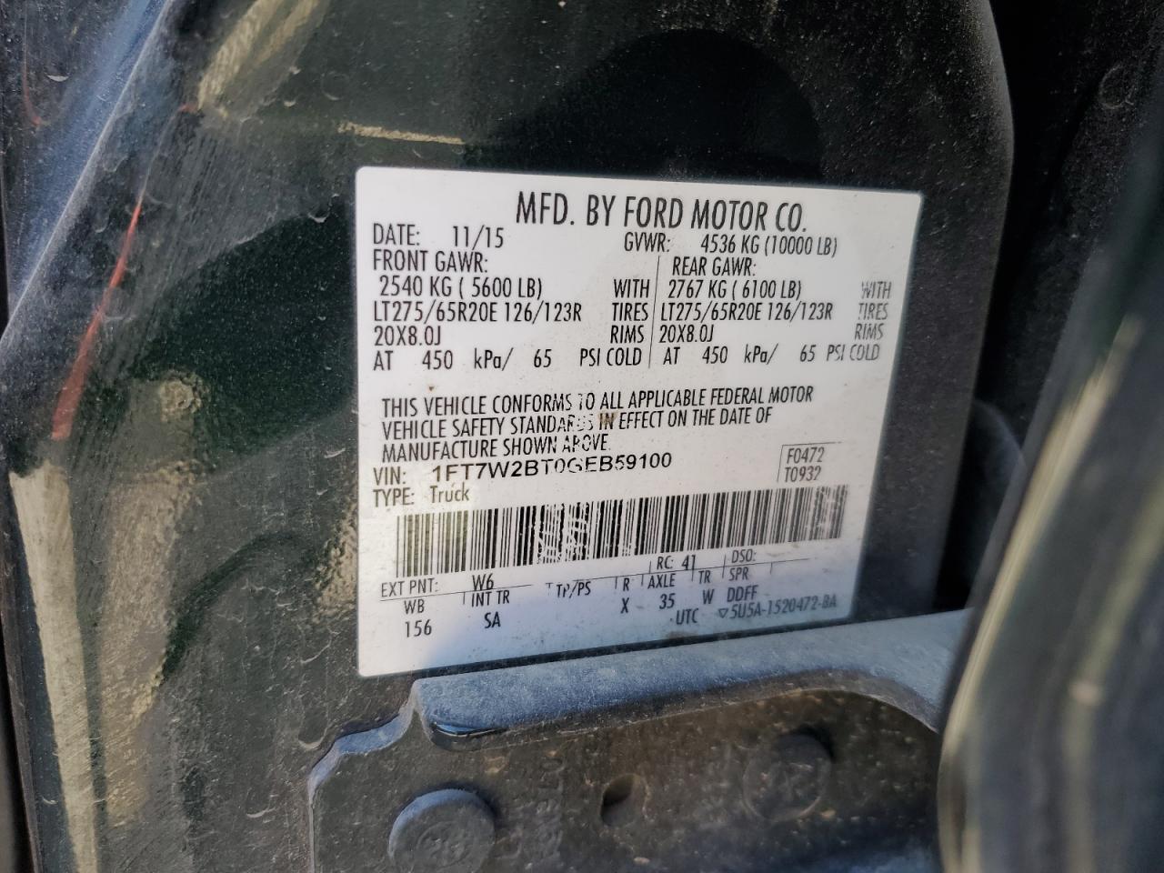 2016 Ford F250 Super Duty VIN: 1FT7W2BT0GEB59100 Lot: 92952315