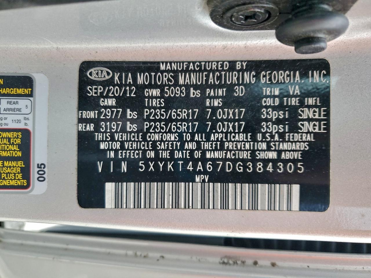 2013 Kia Sorento Lx VIN: 5XYKT4A67DG384305 Lot: 94589385