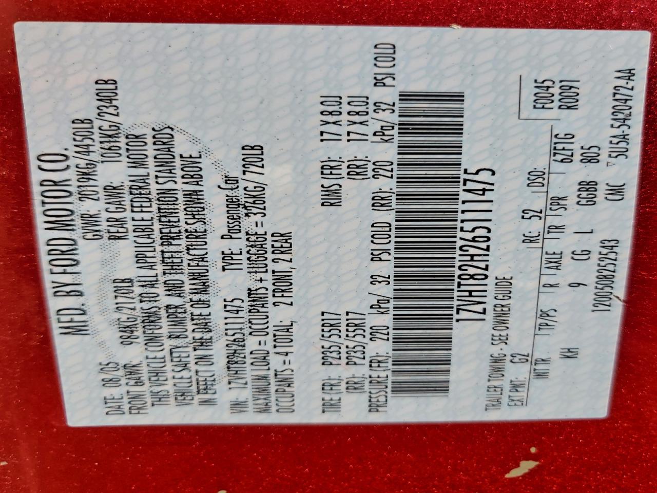 2006 Ford Mustang Gt VIN: 1ZVHT82H265111475 Lot: 93819665