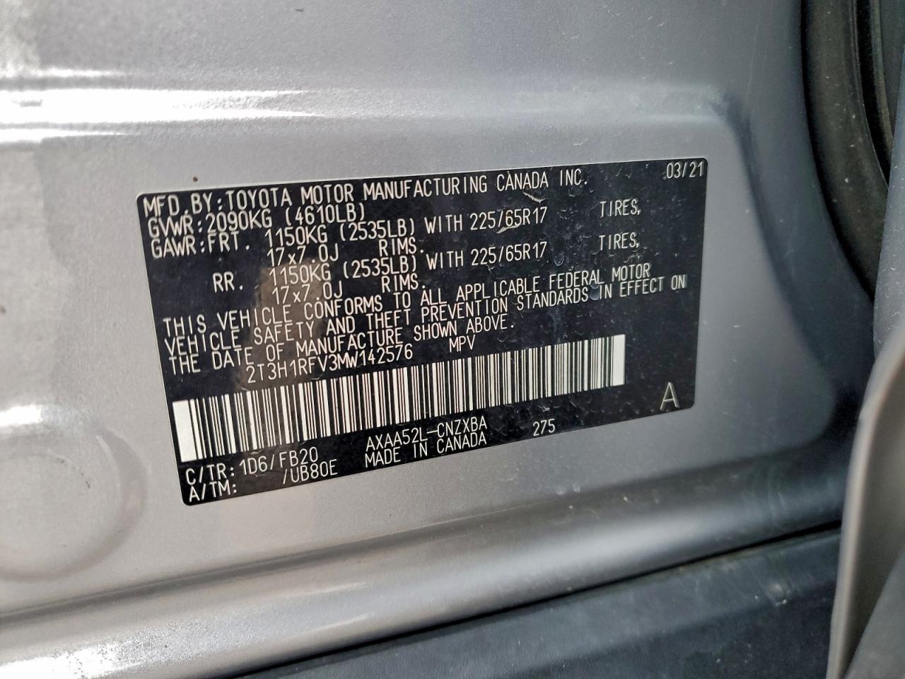 2021 Toyota Rav4 Le VIN: 2T3H1RFV3MW142576 Lot: 94109305