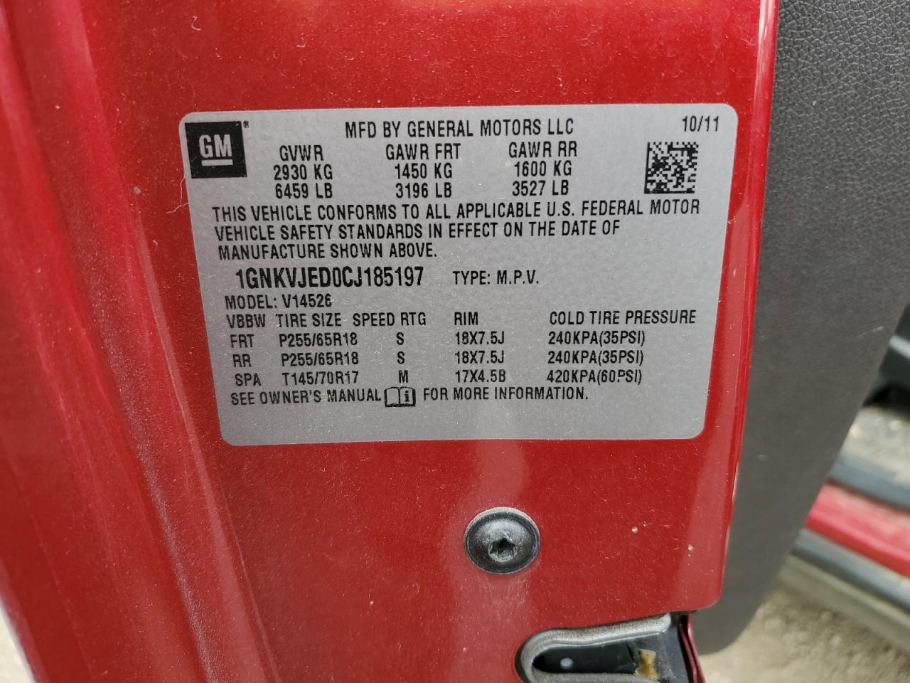 2012 Chevrolet Traverse Lt VIN: 1GNKVJED0CJ185197 Lot: 91185055