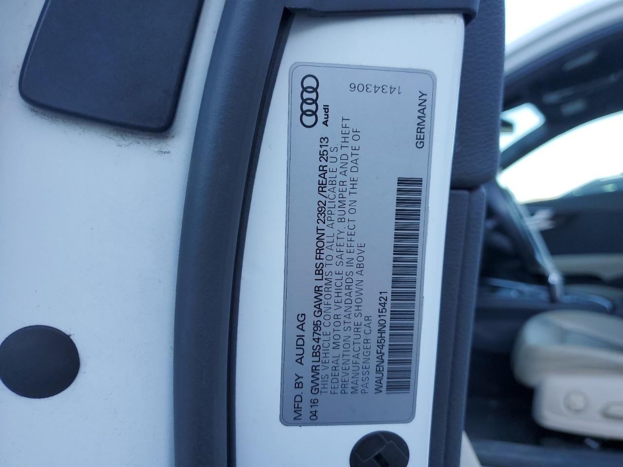 2017 Audi A4 Premium Plus VIN: WAUENAF45HN015421 Lot: 93229485