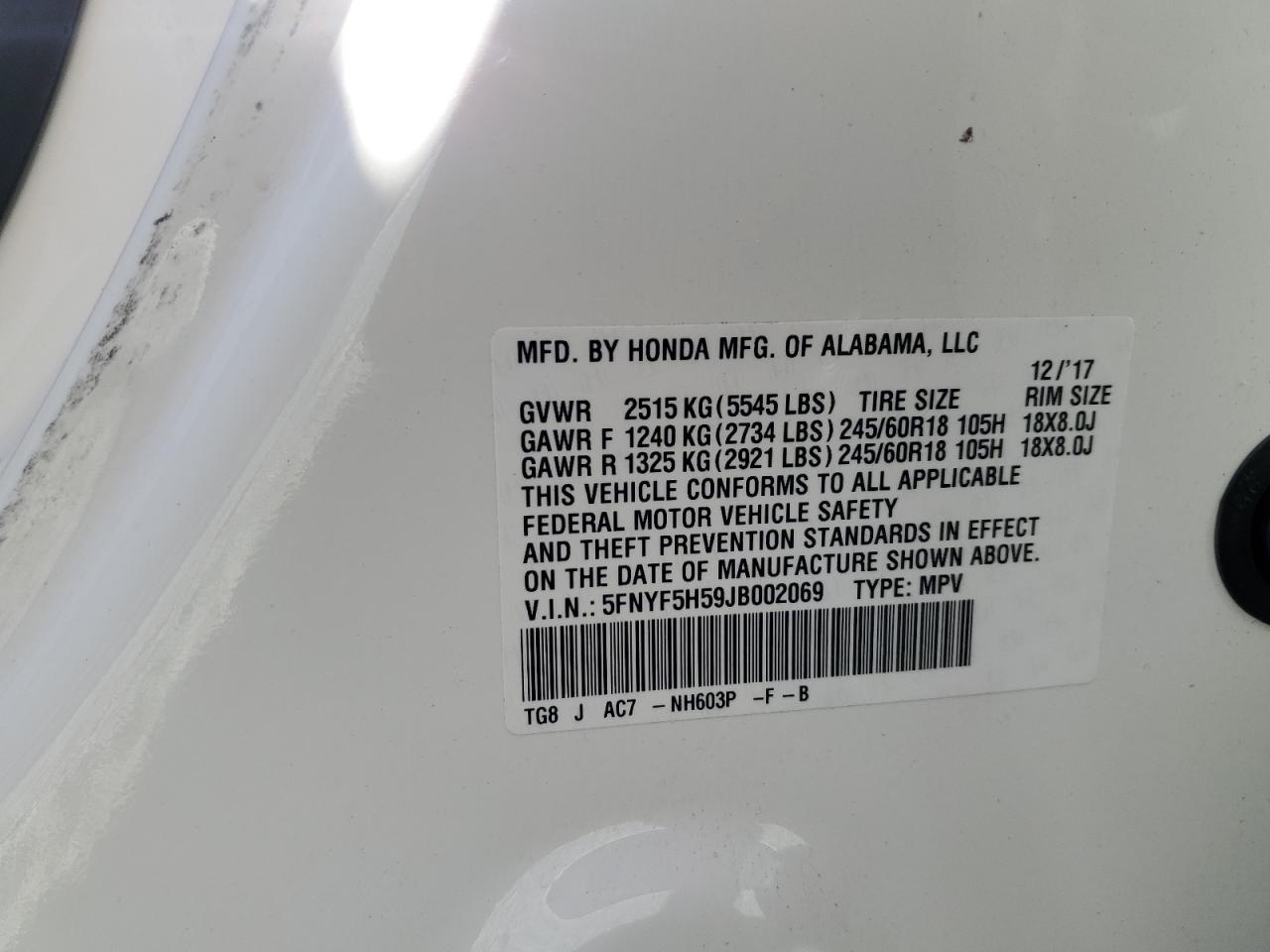 2018 Honda Pilot Exl VIN: 5FNYF5H59JB002069 Lot: 93284955