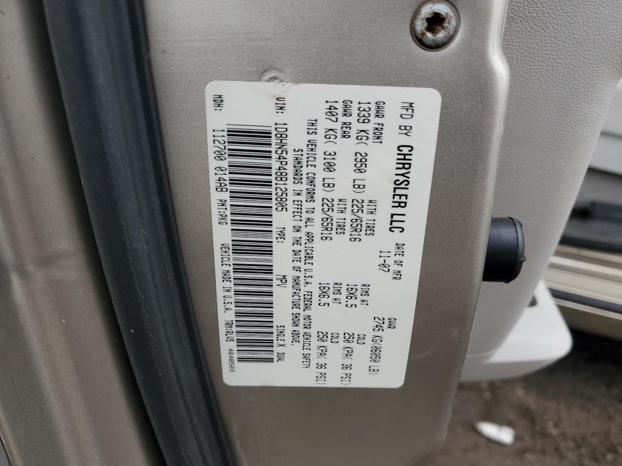 2008 Dodge Grand Caravan Sxt VIN: 1D8HN54P48B125805 Lot: 93383855