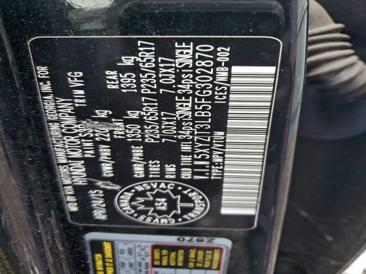 2015 Hyundai Santa Fe Sport VIN: 5XYZT3LB5FG302870 Lot: 93862175