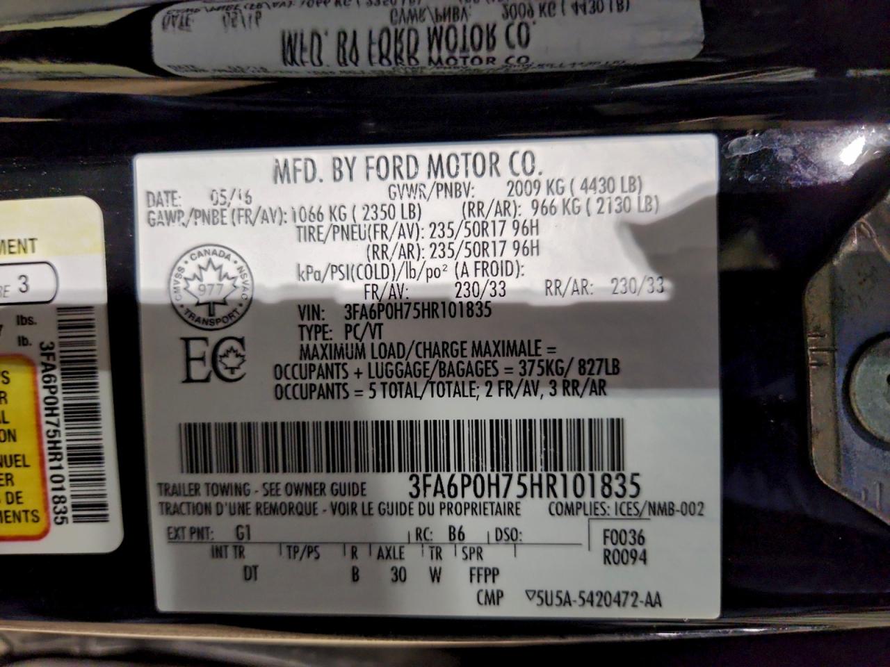 2017 Ford Fusion Se VIN: 3FA6P0H75HR101835 Lot: 94062995