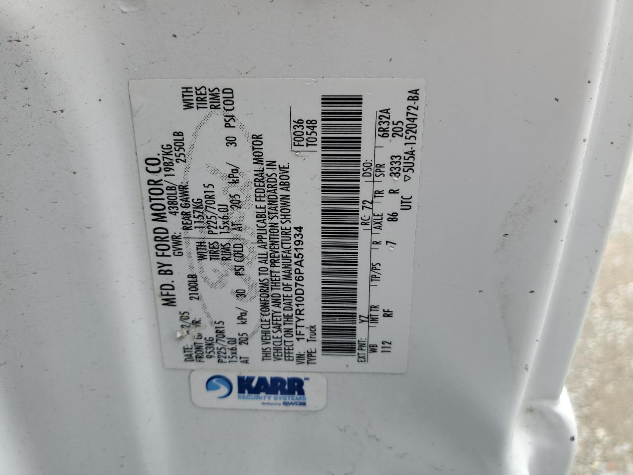 2006 Ford Ranger VIN: 1FTYR10D76PA51934 Lot: 91717385