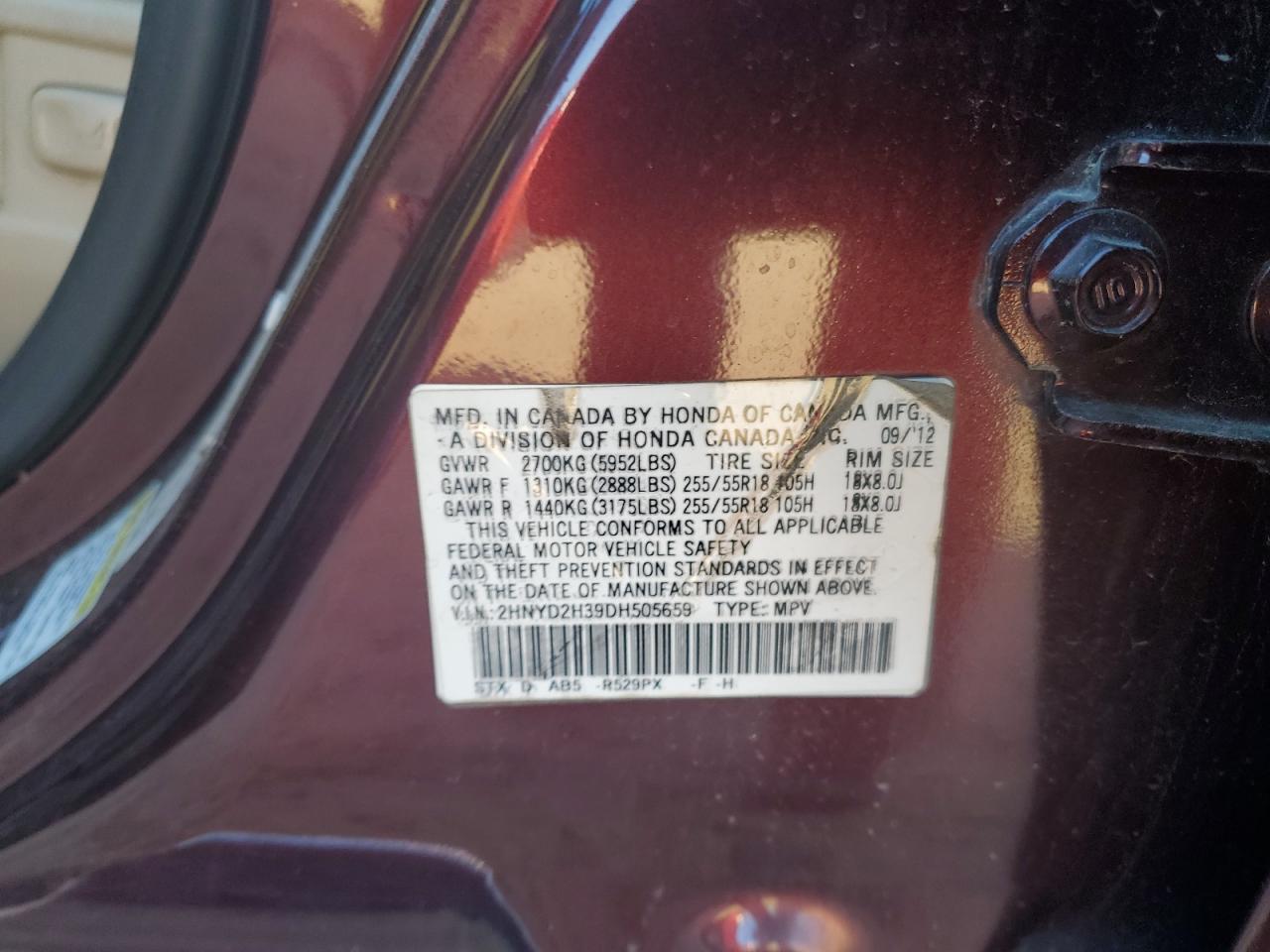 2013 Acura Mdx Technology VIN: 2HNYD2H39DH505659 Lot: 92814625