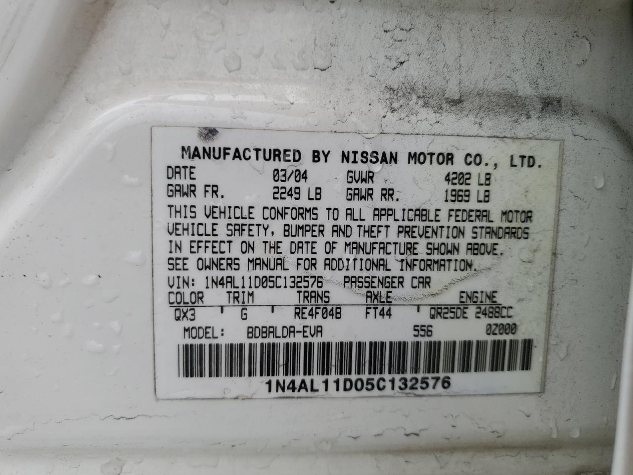 2005 Nissan Altima S VIN: 1N4AL11D05C132576 Lot: 89720555