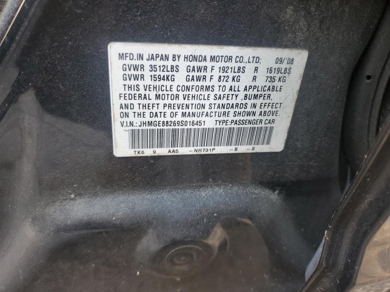 2009 Honda Fit VIN: JHMGE88269S016451 Lot: 93055975