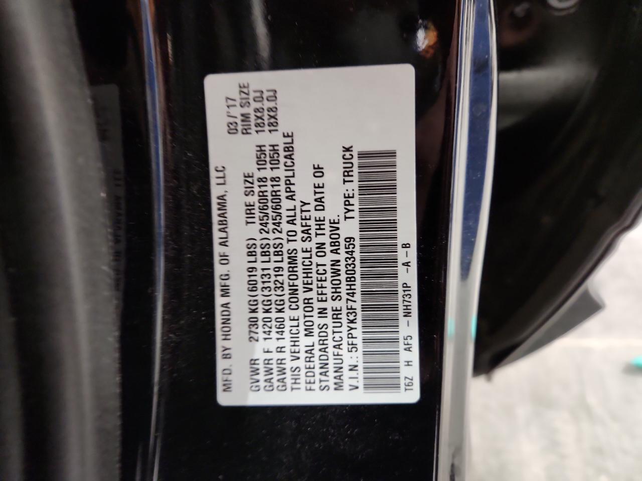 2017 Honda Ridgeline Rtl VIN: 5FPYK3F74HB033459 Lot: 92472235