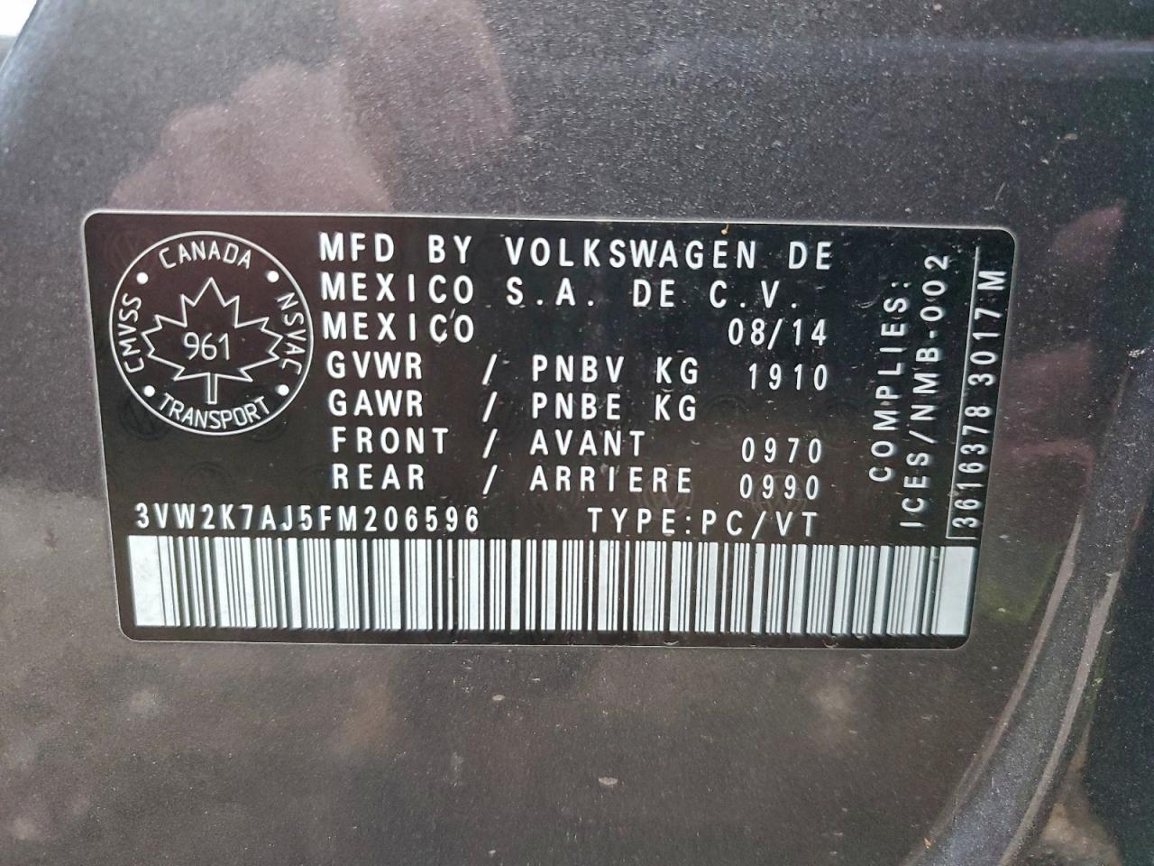 2015 Volkswagen Jetta Base VIN: 3VW2K7AJ5FM206596 Lot: 93522505