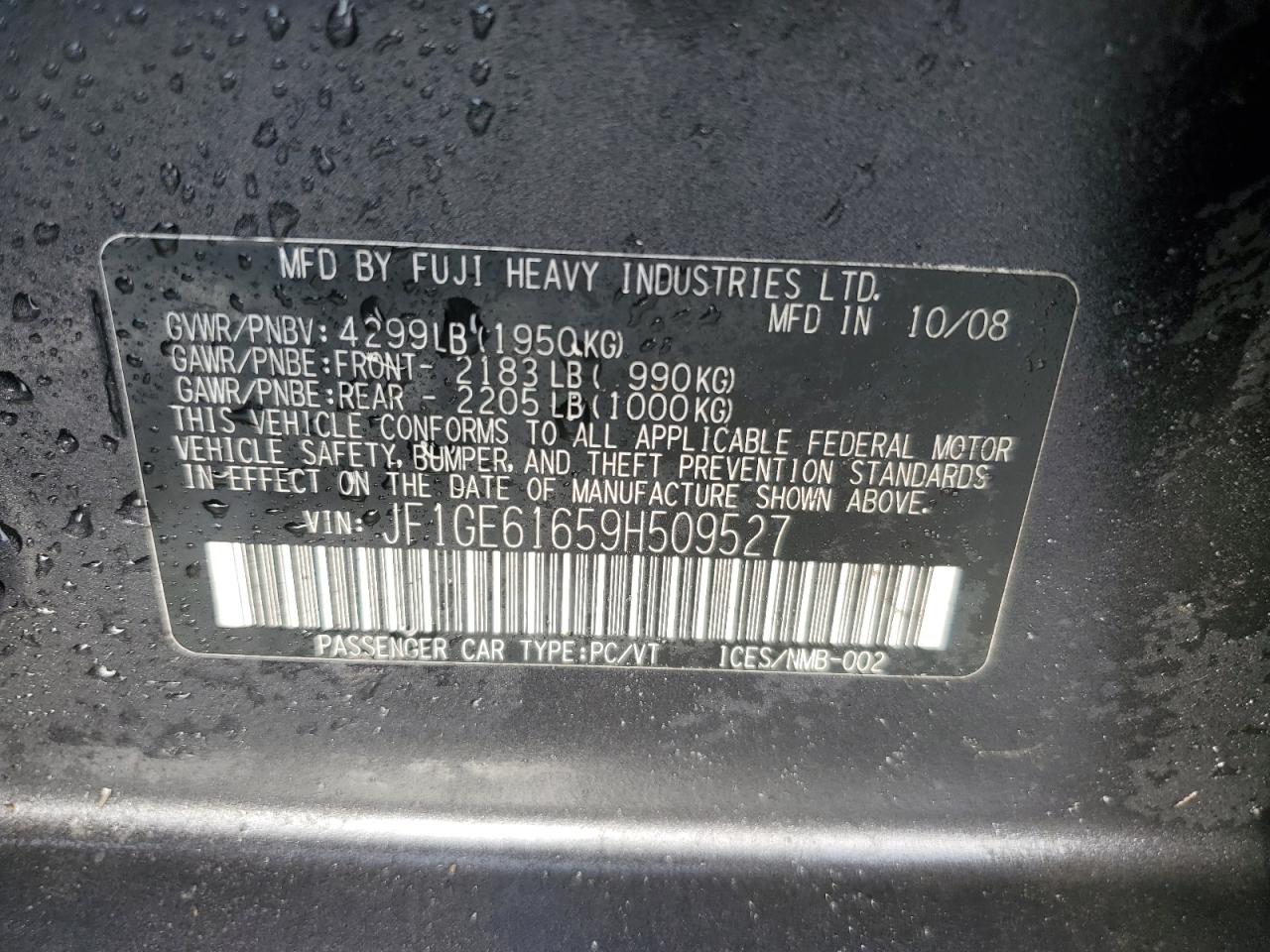 2009 Subaru Impreza 2.5I VIN: JF1GE61659H509527 Lot: 91551745