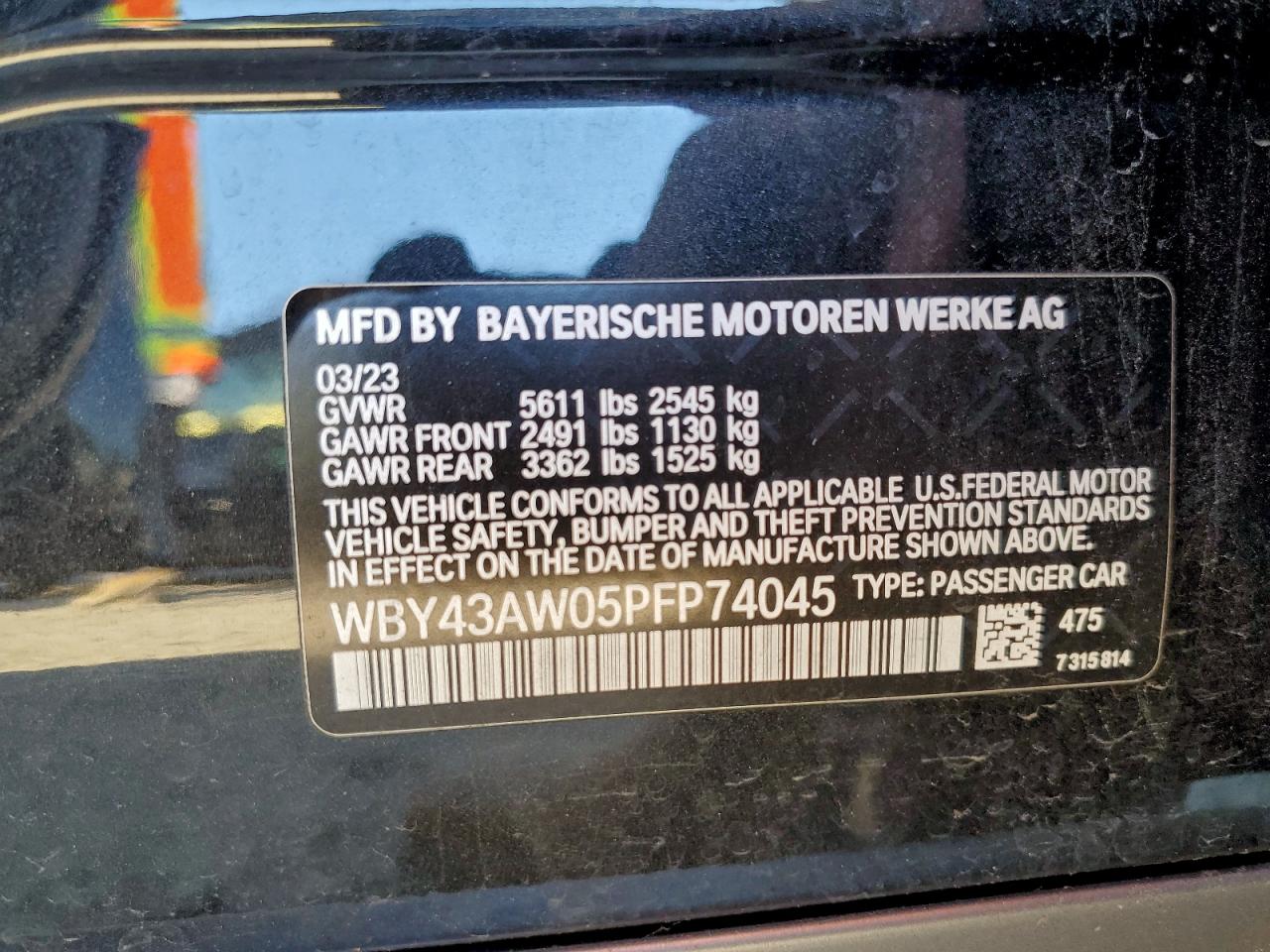 2023 BMW I4 Edrive 35 VIN: WBY43AW05PFP74045 Lot: 94522345